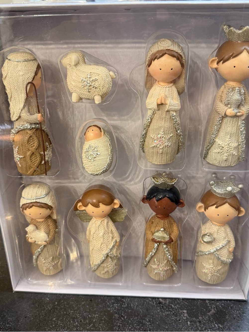 Neutral Knit Nativity Figurine Set - Cream with Gold & Silver Accents - Picture 2 of 6